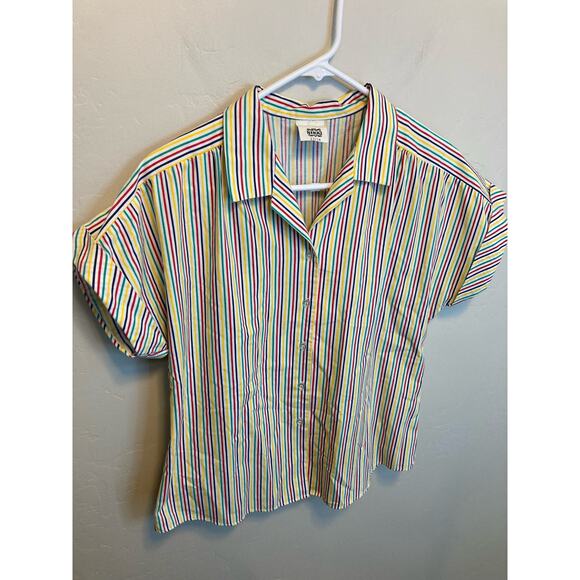 70's Vintage Nikki Rainbow Striped Short Sleeve Button Up Blouse Size 13/14 - Picture 6 of 12